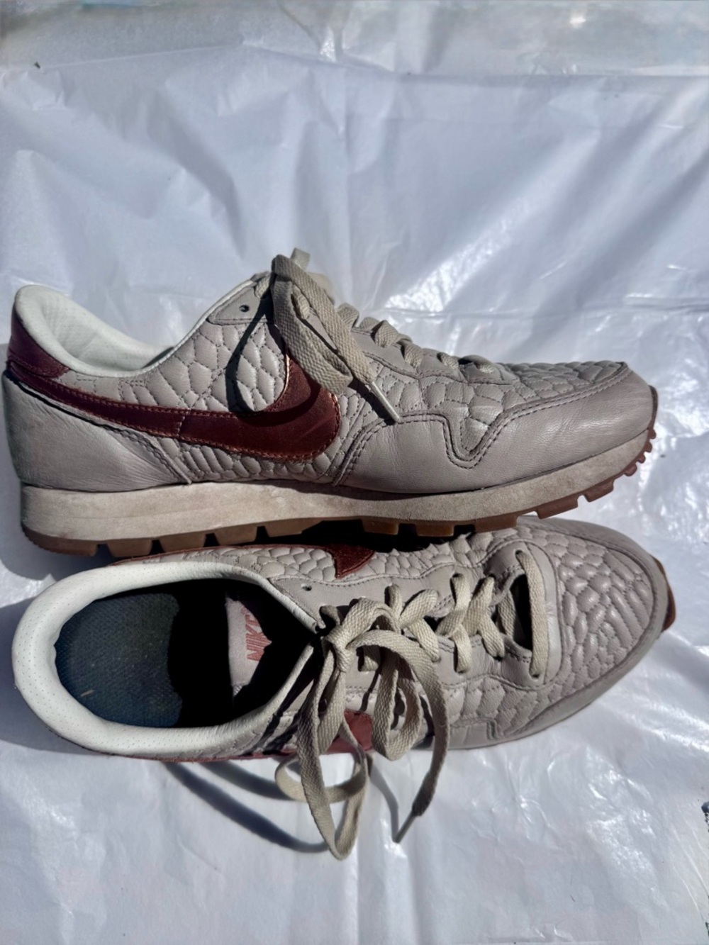 Nike Quilted Leather Sneakers in Light Gray with Burgundy Swoosh